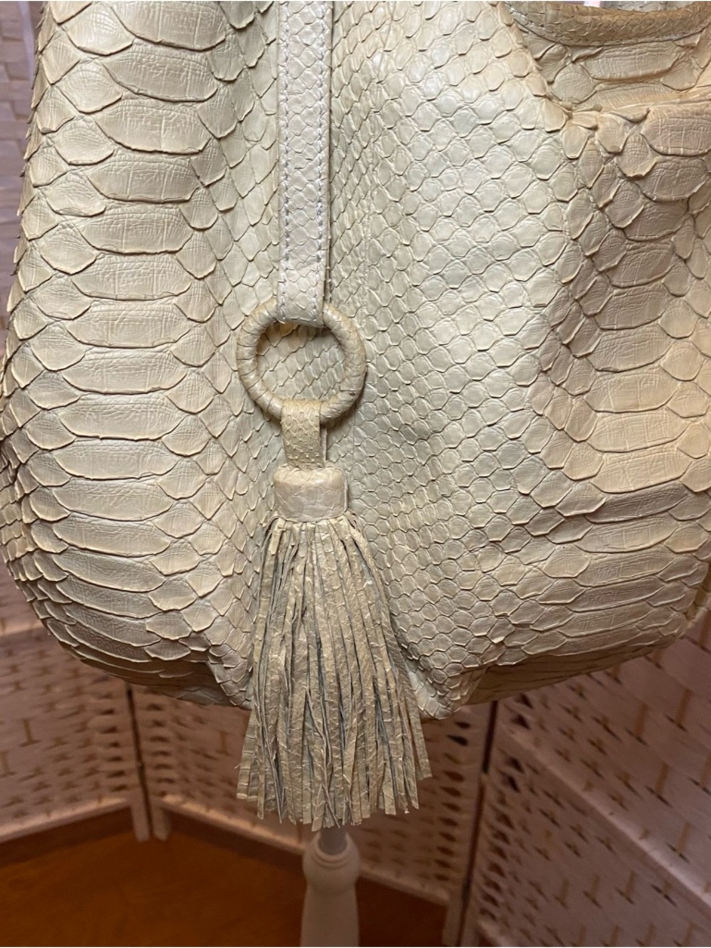 Cream Slight Yellow hue Genuine Python-skin Hobo Tote with Tassel by (PRESMER)